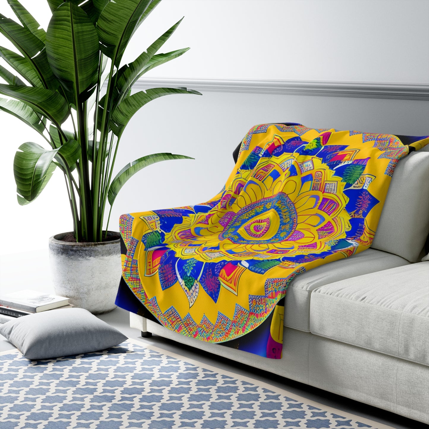 Large Blue Mandala - snuggly warm Sherpa Fleece Blanket